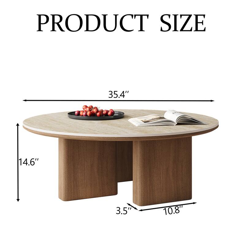 35.4'' Mid-Century Modern Round Coffee Table with Stone Countertop, Stain-Resistant Center Table for Living Room
