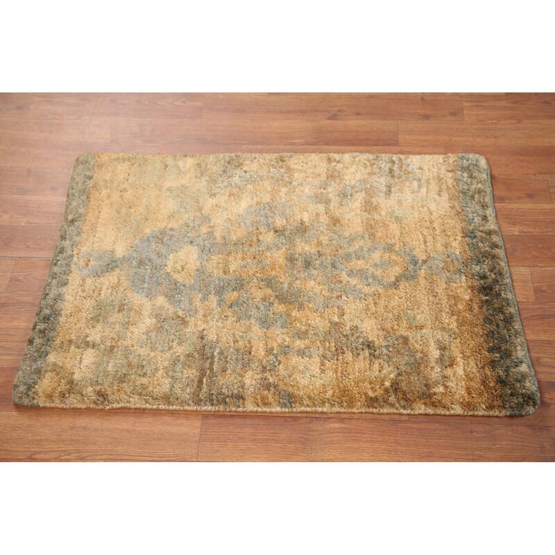 Hand Knotted Oriental Jute Carpet Modern Abstract Yellow & Gold Moroccan Area Rug - 3' 0'' X 2' 0''
