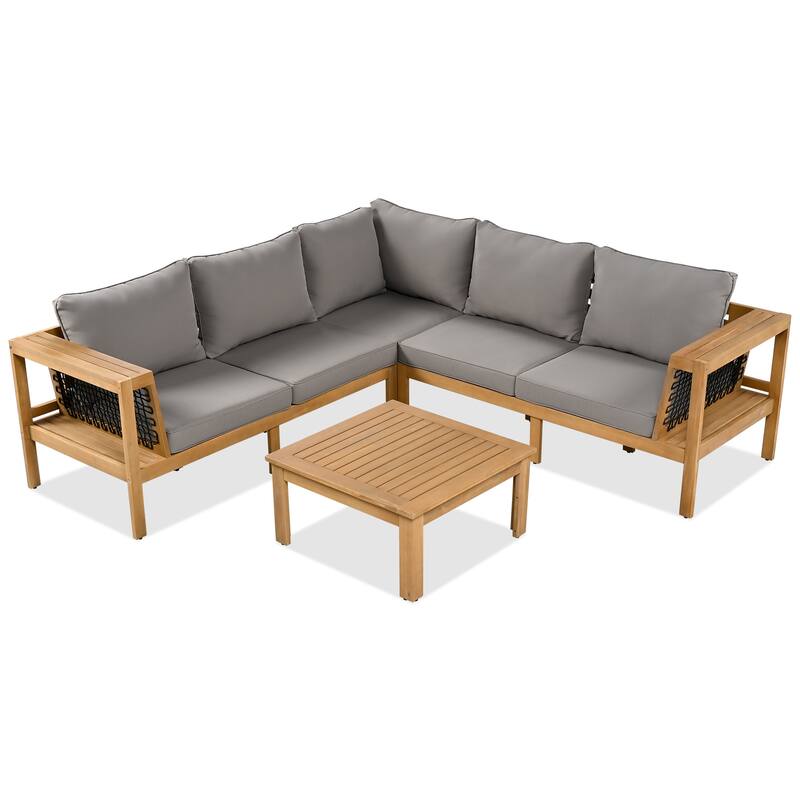 4-Piece Acacia Wood Outdoor Sectional Sofa Set with Mesh Armrests and Cushions, Coffee Table and Side Table