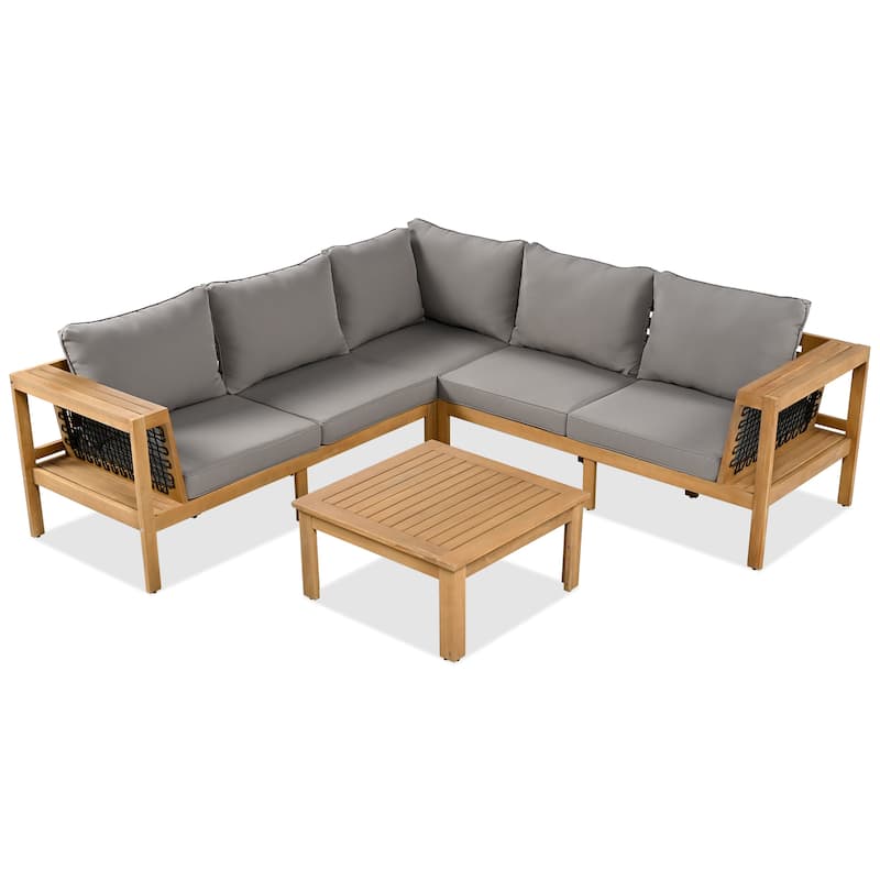 4 Pieces Outdoor Acacia Wood Sofa Set L-Shaped Patio Furniture Sofa Set with Coffee Table & Cushions, Woven Mesh Armrests