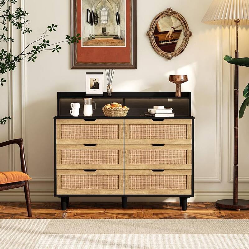 6 Drawer Dresser, Rattan Wood Chest of Drawers , Storage Cabinet Sideboard Console Table