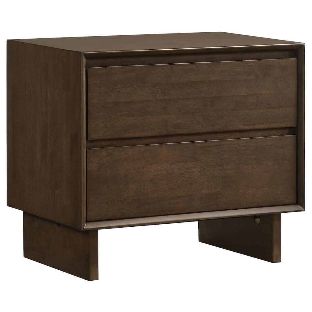 Warm Brown 2-Drawer Nightstand with Felt Lined Top Drawer, Mitered Trim, Wide Legs and Modern Wood Grain