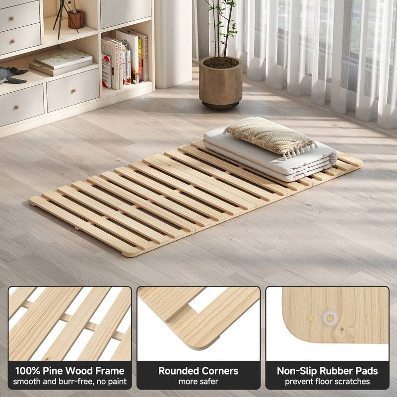 Solid Pine Wood Foldable Slatted Bed, Tatami Mat Floor Sleep Bedding