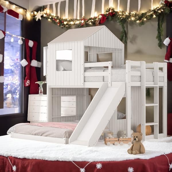 slide 2 of 16, Twin Over Full House Bunk Bed with Ladder, Slide, White White