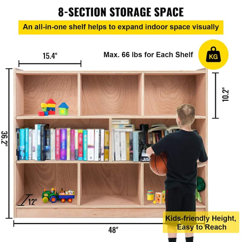 White Linen Wood Storage Cubby with 8 Compartments Kids Organizer Cabinet for Toys and Books - 48 × 13 × 36in