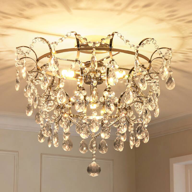 Elegant 4-Light Chrome Semi Flush Mount Ceiling Light with Clear Crystal Raindrop Accents for Living Room or Dining Room