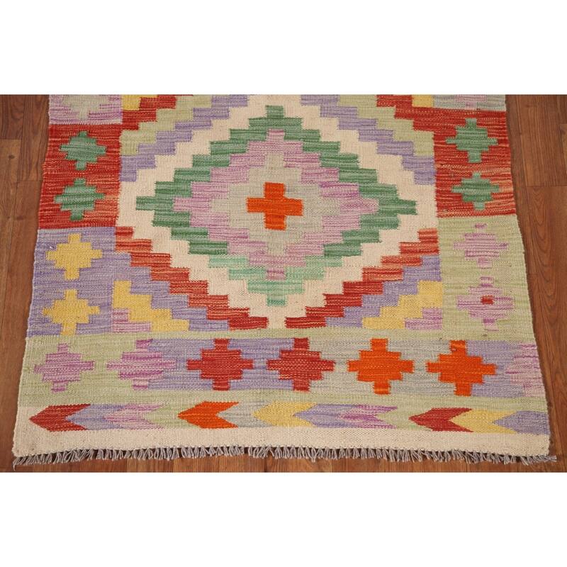 Geometric Kilim Area Rug Reversible Flatweave Foyer Wool Carpet - 3'4"x 5'0"