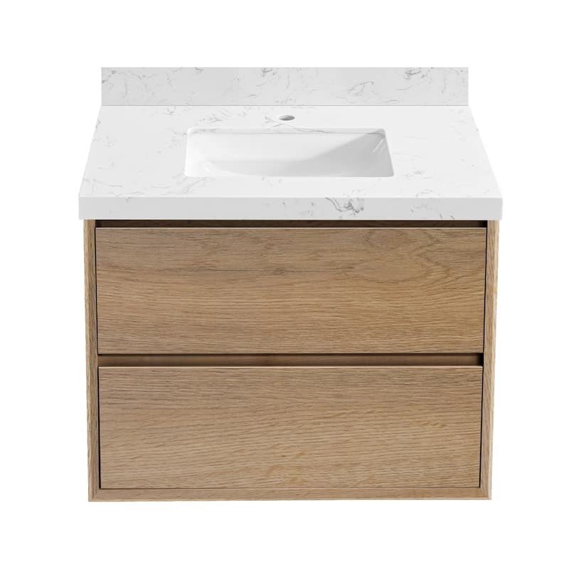 24"30"36"48"60"72" Floating Bathroom Vanity Engineered Stone Top with Rectangular Ceramic Undermount Sink - 30" - Natural Oak