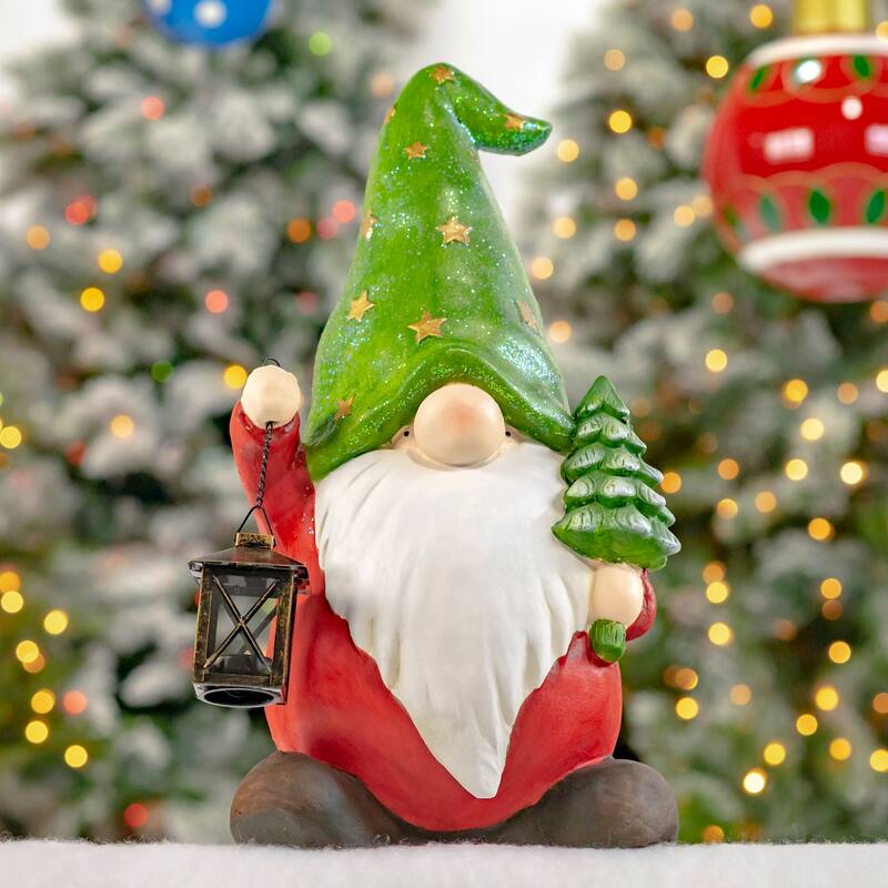 Christmas Gnome Holding Small Tree with Green Star Hat - 8.86X10.83X20.08 - Metal - Multi