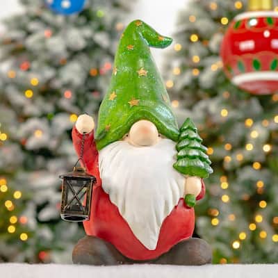 Christmas Gnome Holding Small Tree with Green Star Hat - 8.86X10.83X20.08