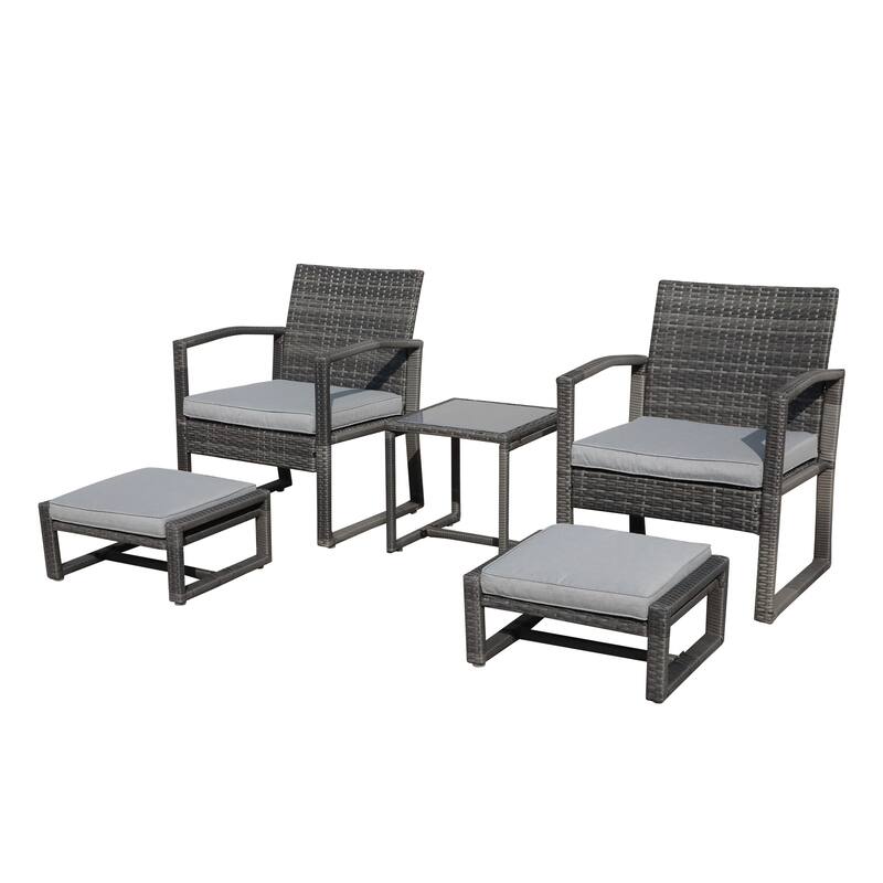 5-Piece Patio Wicker Chat Set with Armchairs, Ottomans and Side Table