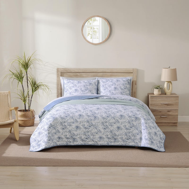 Tommy Bahama Pen And Ink Palm Cotton Reversible Blue Quilt Set