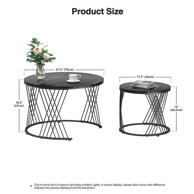 Anmytek Round Nesting Coffee Table Set of 2, White Modern End Tables Living Room Faux Marble Sofa Beside Table