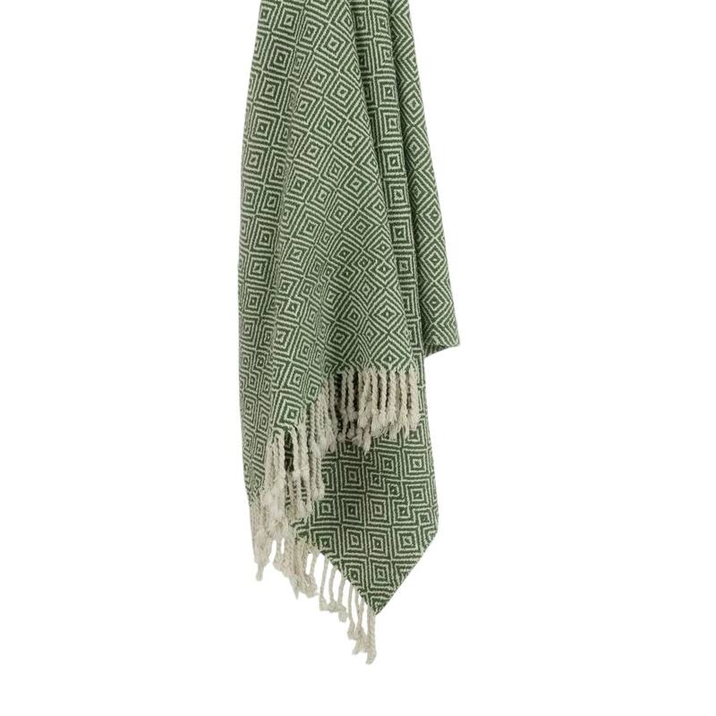 HomeRoots 50" X 60" Green Cotton Woven Geometric Throw Blanket with Fringe
