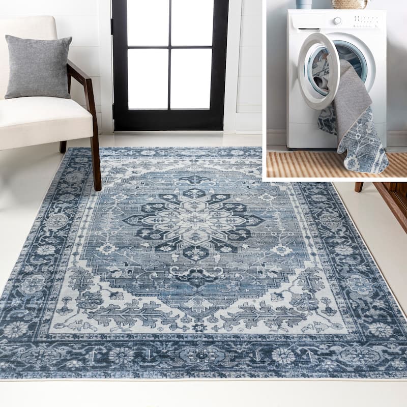 JONATHAN Y Maris Ornate Medallion Machine Washable Area Rug - 8 X 10 - Blue/Cream