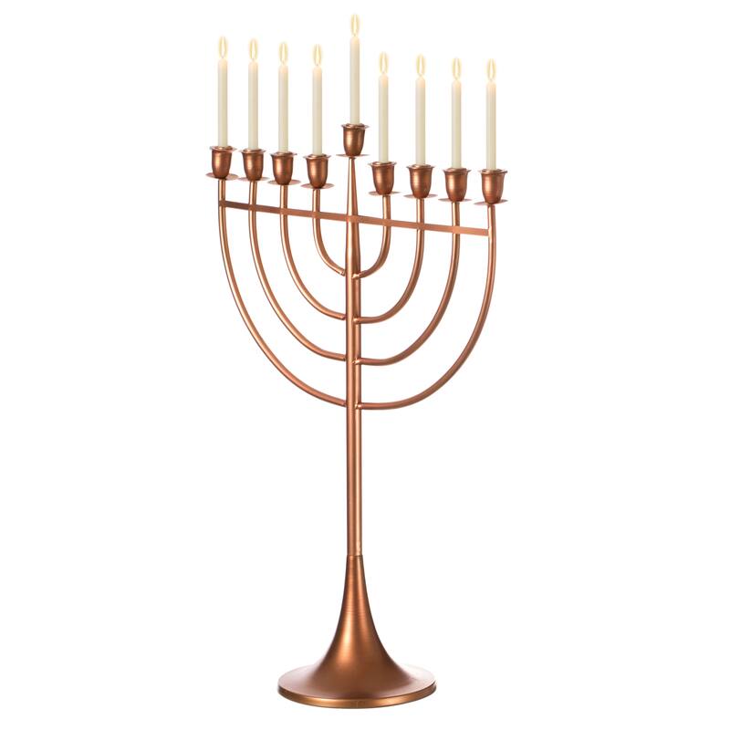 Modern Solid Metal Judaica Hanukkah Menorah 9 Branched Candelabra - Copper Medium