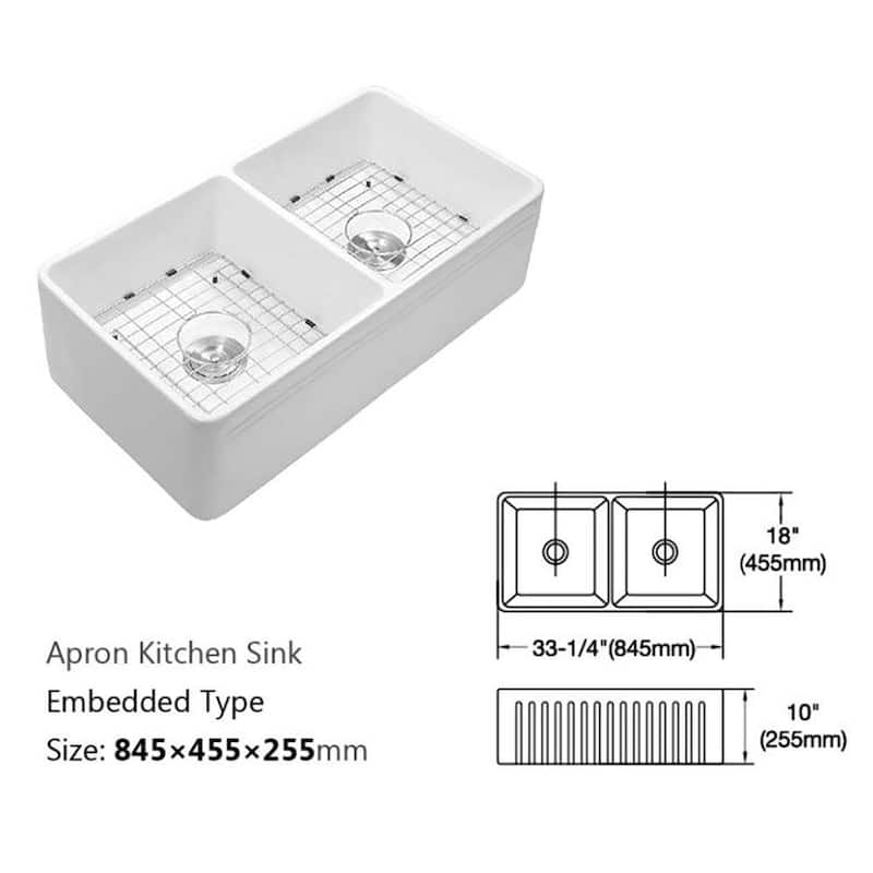 Proox 33" L X 18" W Double Basin Farmhouse Kitchen Sink with Basket Strainer