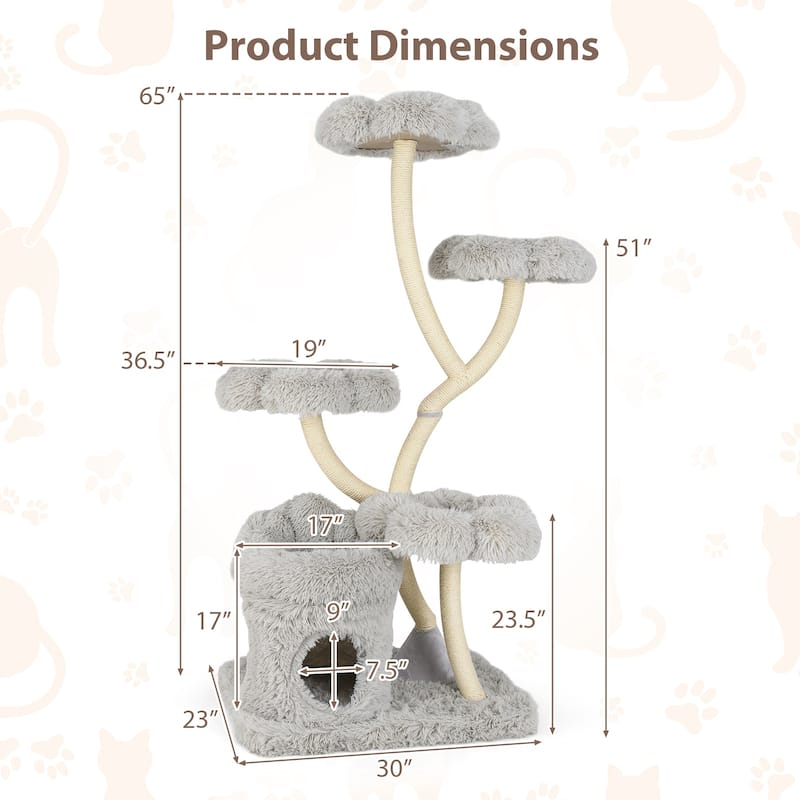 White Wood Plush Cat Tower with Condo, Sisal Posts and Flower Platforms - Overall Height: 65"