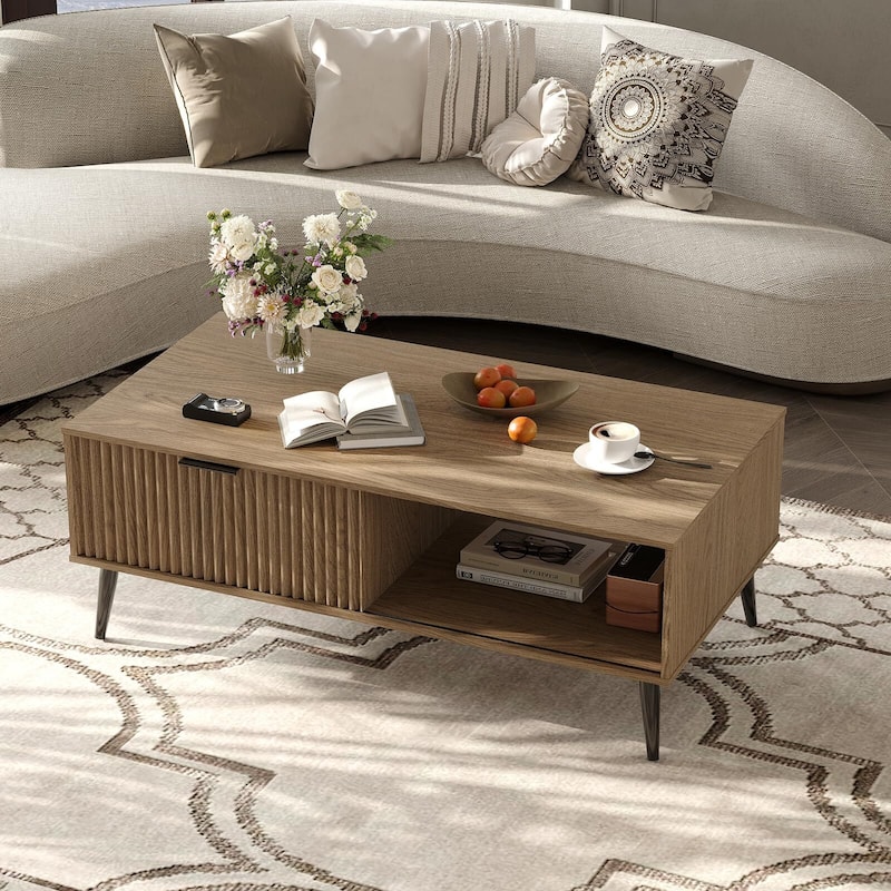 Coffee Table with Storage, 2-Tier Wooden Coffee Table with Sliding Door, - Natural