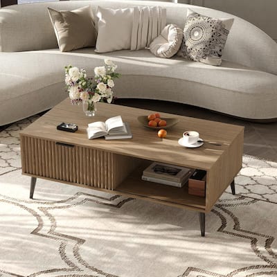 Coffee Table with Storage, 2-Tier Wooden Coffee Table with Sliding Door,