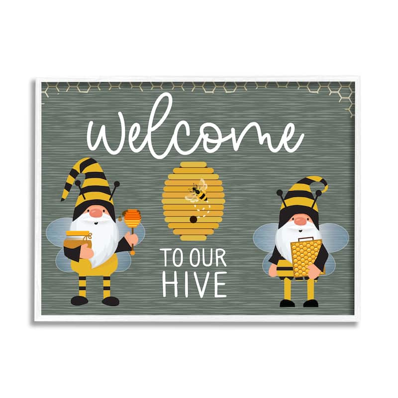 Stupell Welcome To Our Hive Honey Bee Garden Gnomes Typography Framed Wall Art - Grey