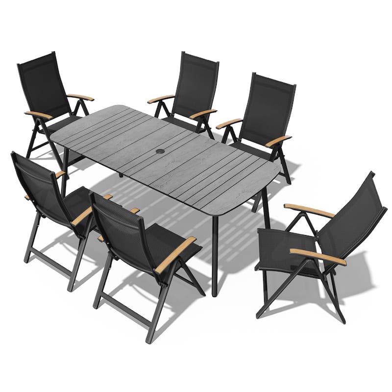 7/9PC Patio Dining Table Rectangular Aluminum Outdoor Table with Folding Chairs