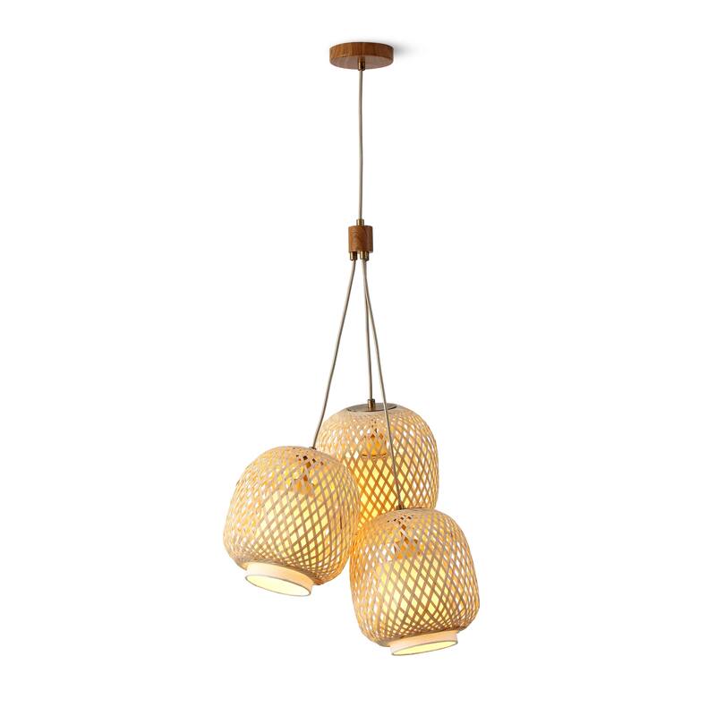 VidaLite FOS - 3-Light 78 in. Brushed Brass Bohemian Pendant with Woven Bamboo Shades
