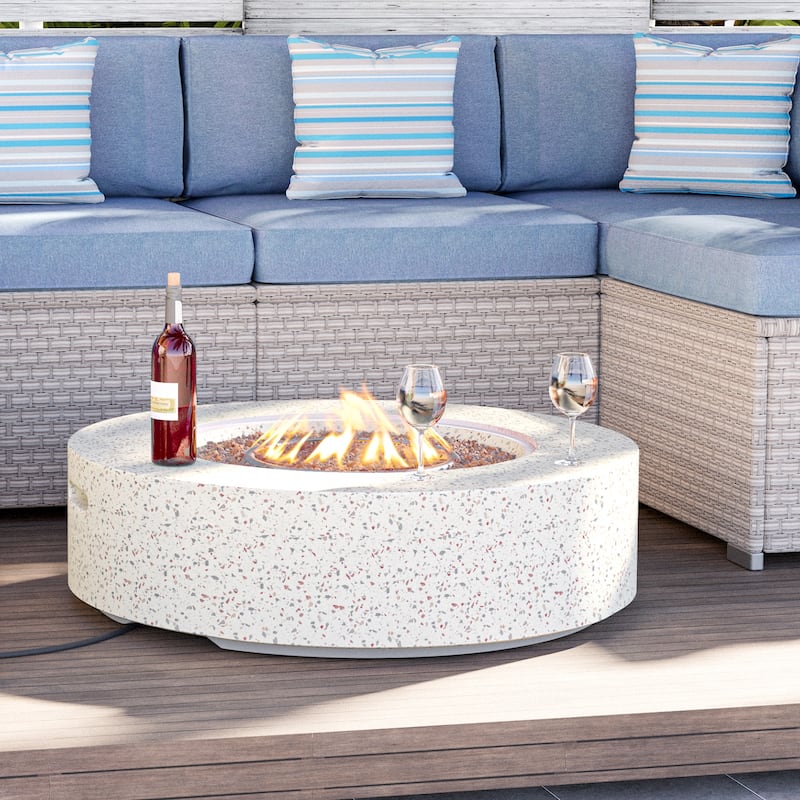 COSIEST Ecru Round Outdoor Propane Fire Pit Tank Outside