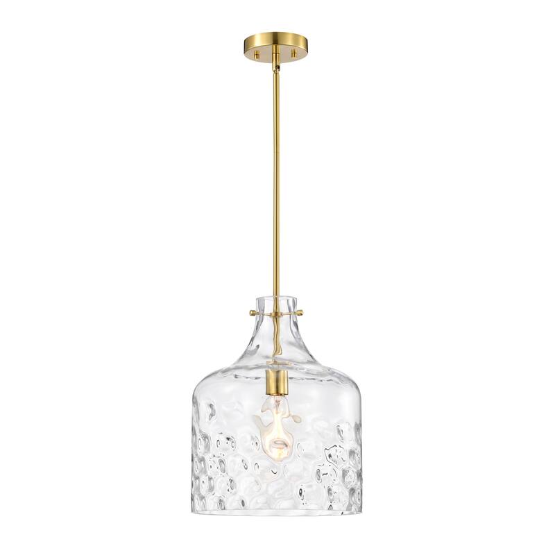 Clear Dimpled Cylindrical Glass Pendant Ceiling Light - 12in - Brass