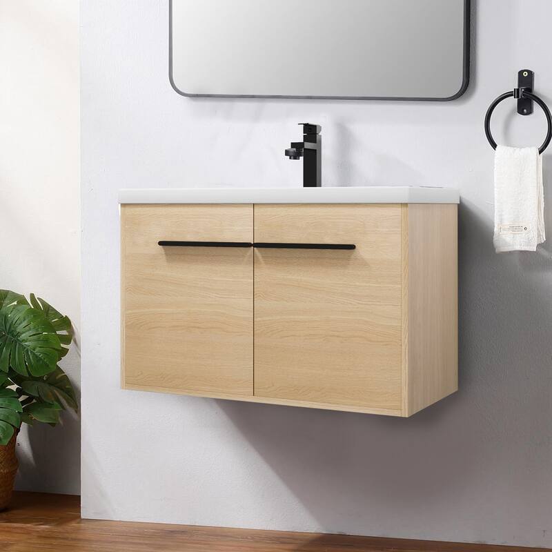 Classic Farmhouse Style Wall-Mounted Wooden Bathroom Vanity with Resin Countertop Sink - Oak - 29.52''W x 18.13''D x 20.52''H