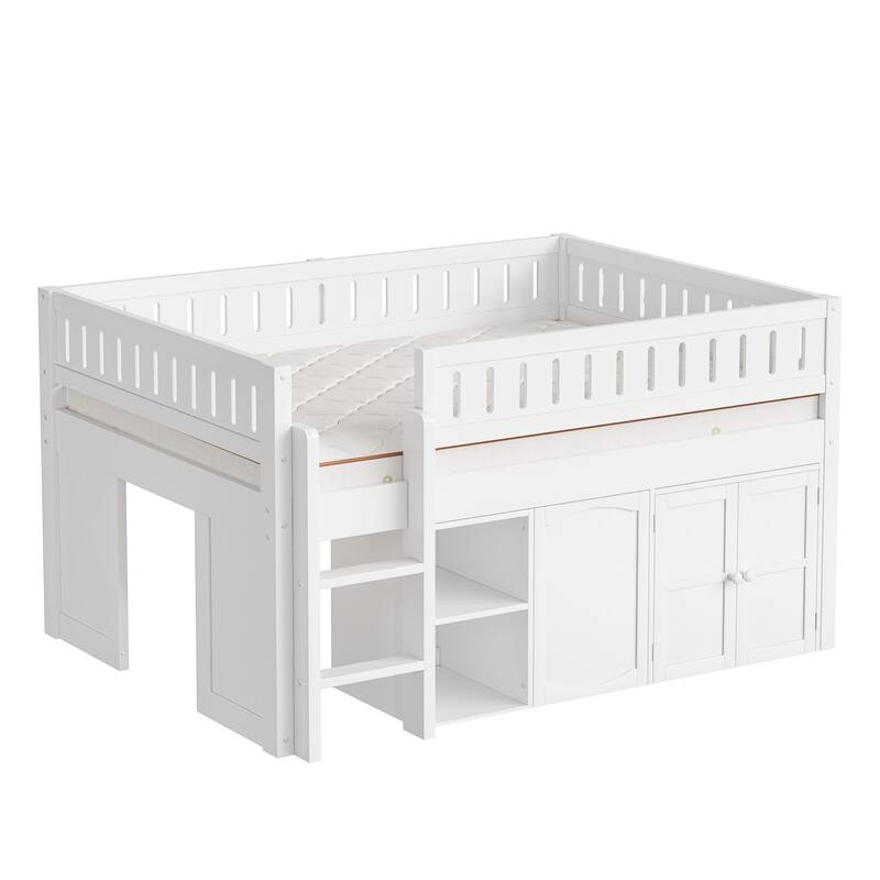 Wooden Full Size Loft Bed with Double-Door Storage Cabinet, Open Shelves and Chalkboard Panel