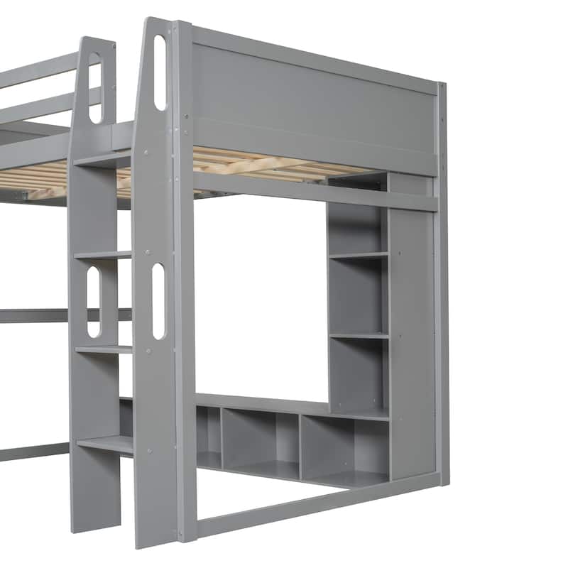 Multi-Functional Gaming Loft Bed with Built-in Desk & Storage Cabinets, Wood Bed Frame with LED and a Hanging Clothes Rack