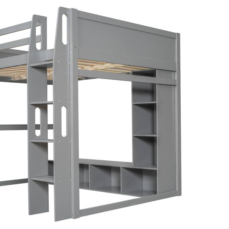 Wood Full Size Loft Bed w/Desk, Multi-storage Shelves, LED & Hanging Clothes Rack, No Box Spring Needed Wooden Support Bed Frame