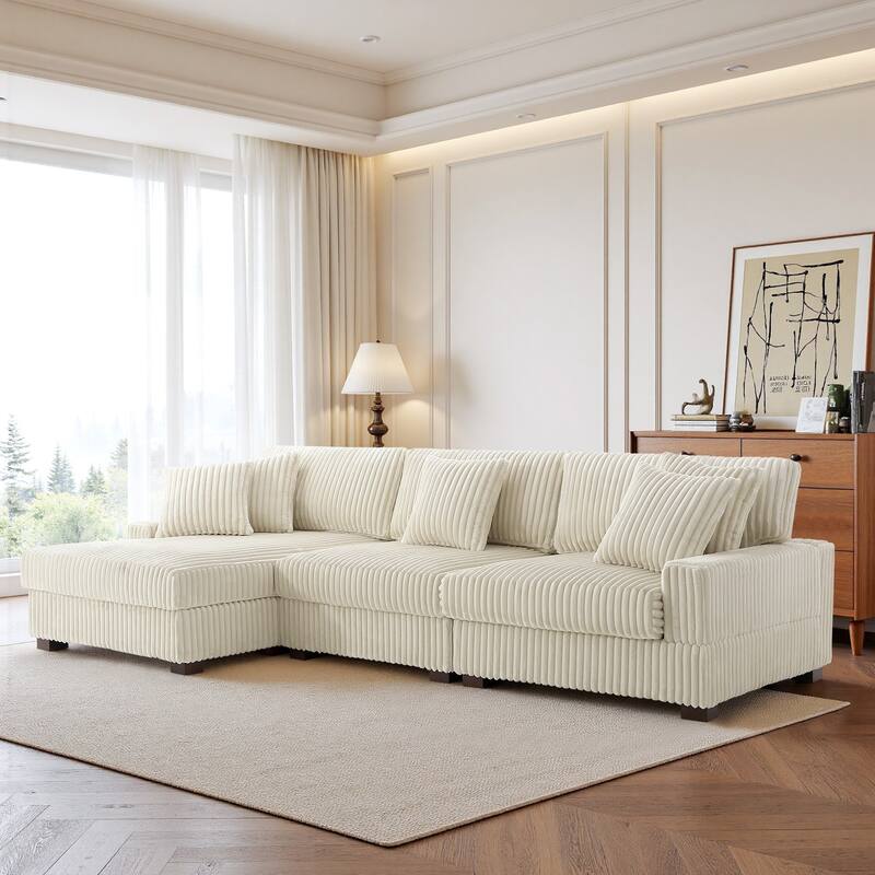 118.3" W Plush Corduroy Square Arm Upholstered Sectional Modular Sofa