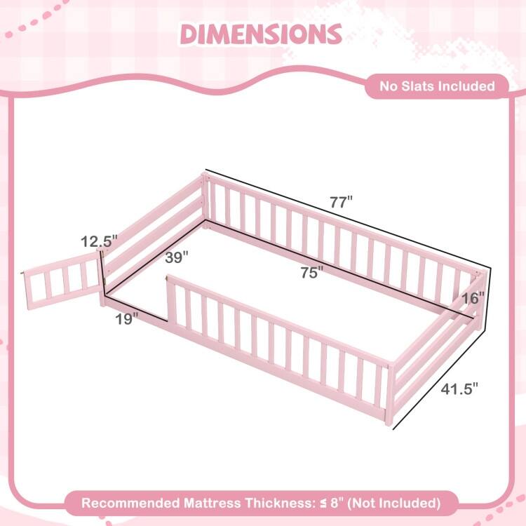 Twin Size Kids Wood Montessori Floor Bed with Door and Fence