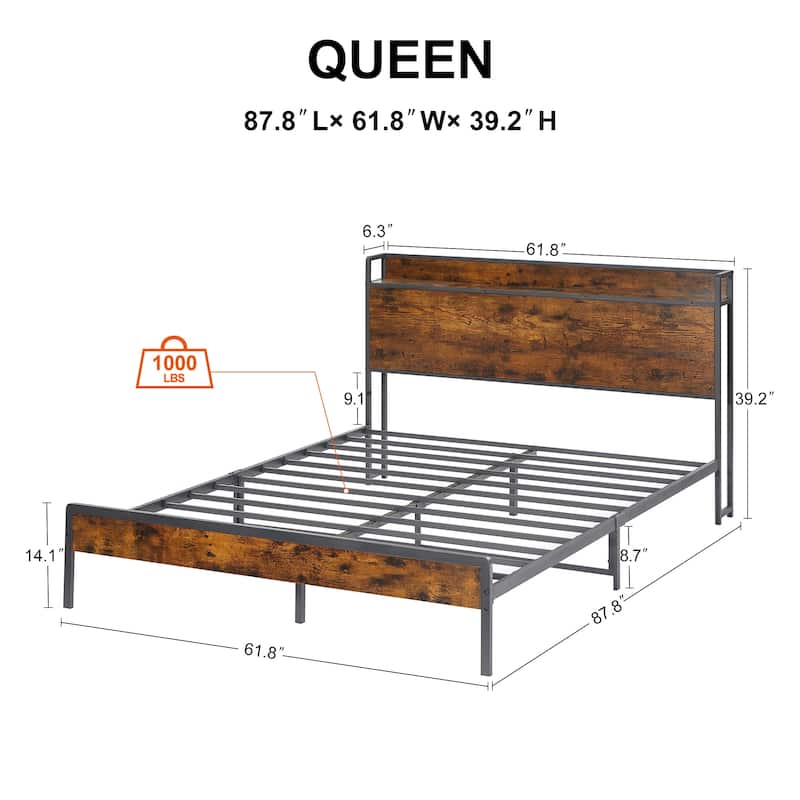 Queen Size Metal and Wood Charging Platform Bed