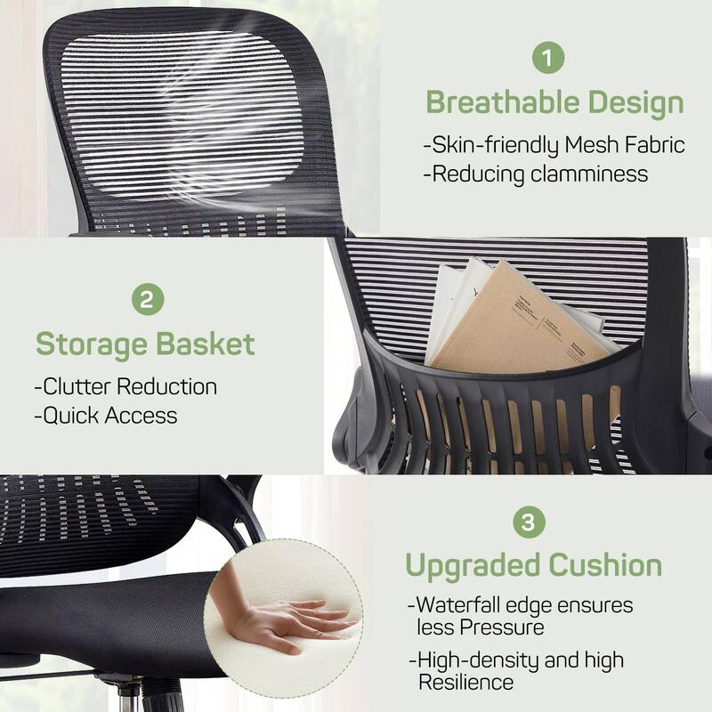 Mesh Adjustable Height Ergonomic Office Chair Mid-Back Swivel Rolling with Flip-up Armrests - N/A
