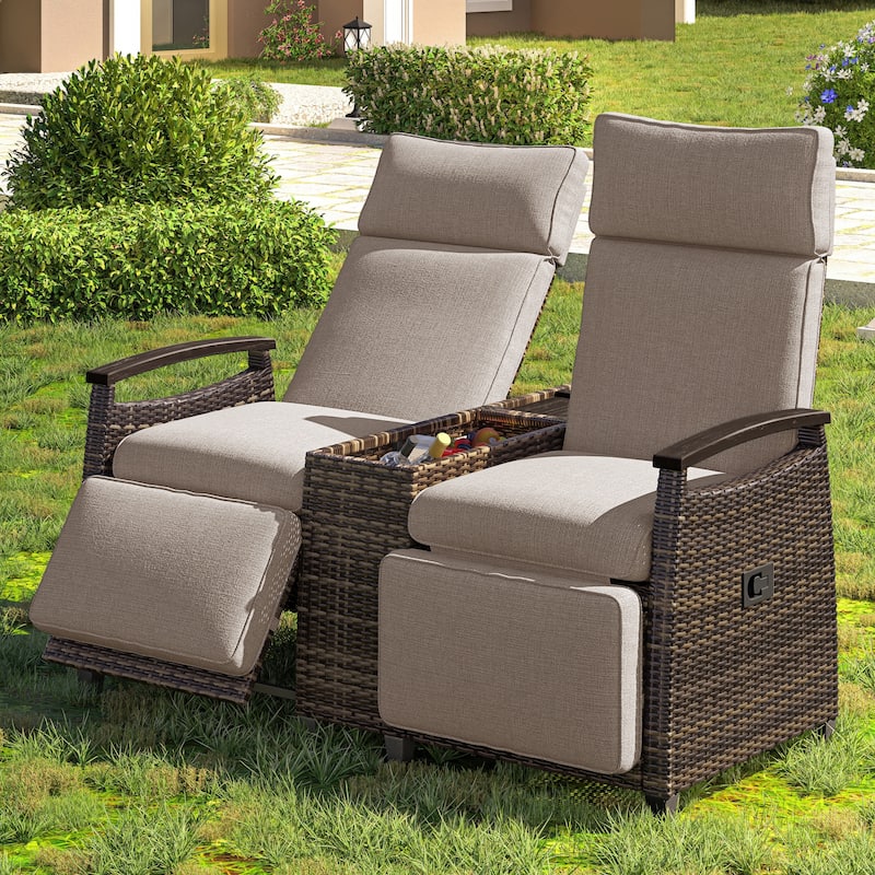 Outdoor Patio Recliner Loveseat Chair with Adjustable Backrest, All Weather 2 Seater PE Wicker Lounge Chair with Storage Box