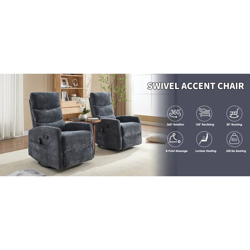 Roomfitters Manual Rocker Swivel Recliner Chair with Heat and Massage Fabric Glider Lounge Sofa for Living Room
