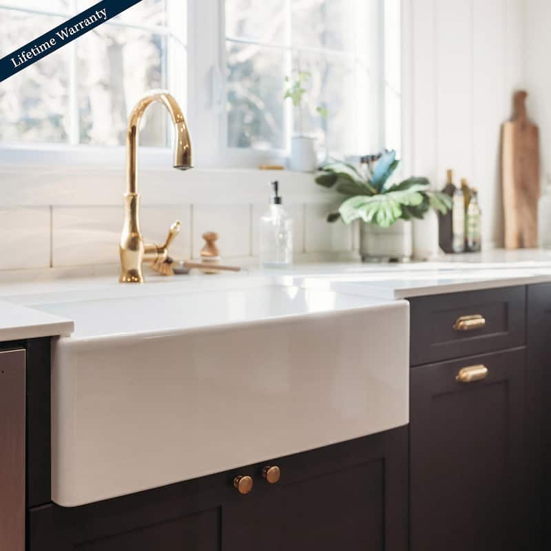Austen Crisp White Fireclay 33" Single Bowl Farmhouse Apron Front Undermount Kitchen Sink and Drain
