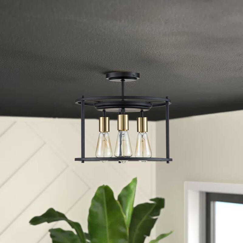 3-Light Black and Gold Drum Cage Semi Flush Mount Light