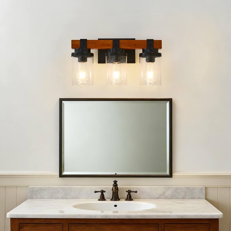 3-Light Matte Black And Wooden Wall Lamps With Glass Shades(No Bulbs) For Bathroom Or Bedroom