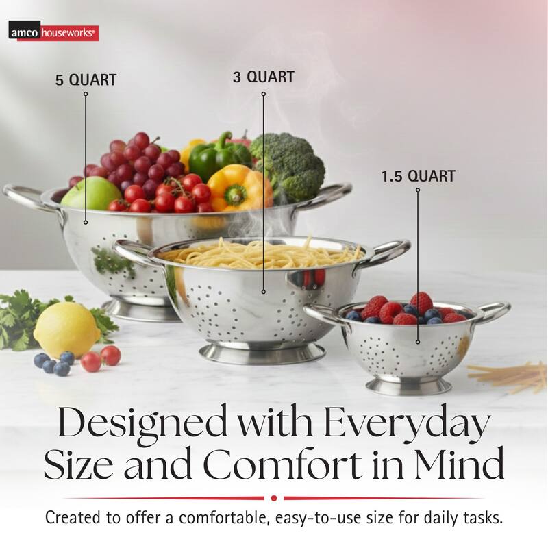 Amco 3-Piece Stainless Steel Colander Set - 1.5, 3, 5 Quart - 1.5, 3, 5 Quart