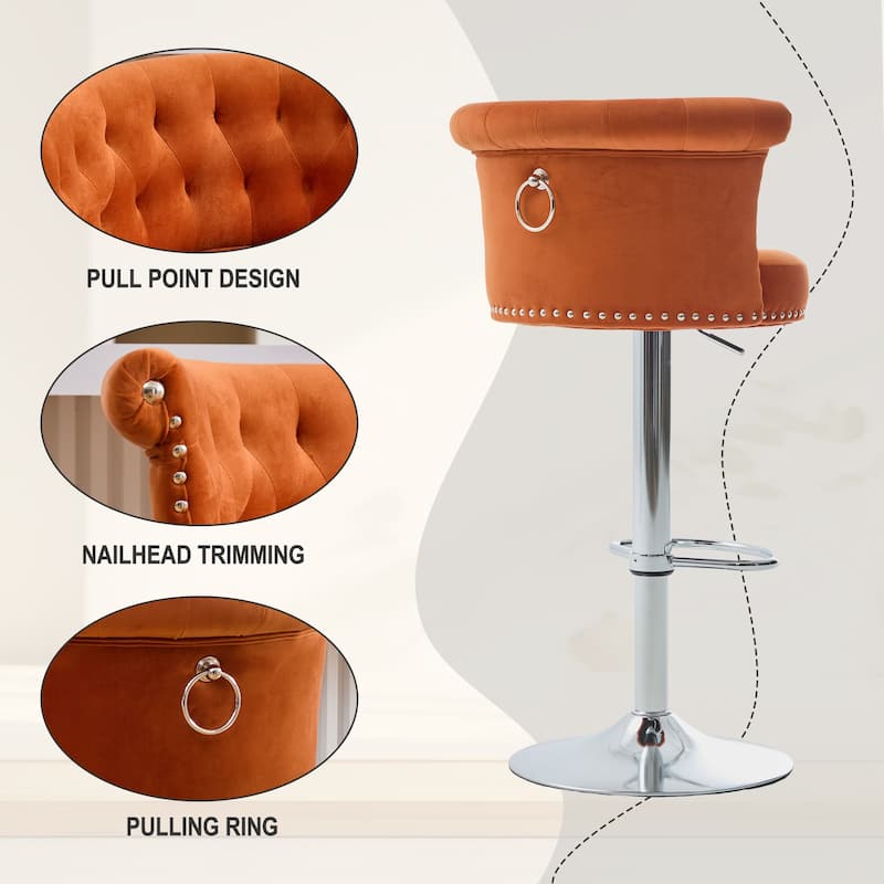 Velvet Bar Stool Set of 2, Adjustable Swivel Bar Stools with Silver Plated Metal Leg, Chrome Nailhead, Counter Height Chair
