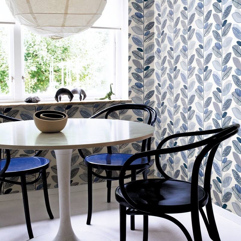 Brewster Nyssa Blue Leaves Wallpaper - 20.5in x 396in x 0.025in