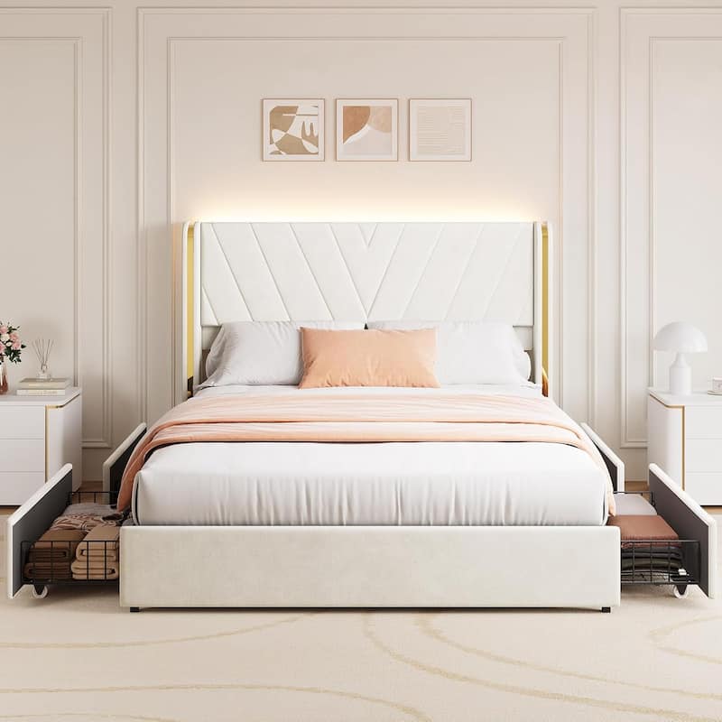 Upholstered Velvet Platform Bed Frame With Wingback Headboard and 4 Storage Drawers - Full