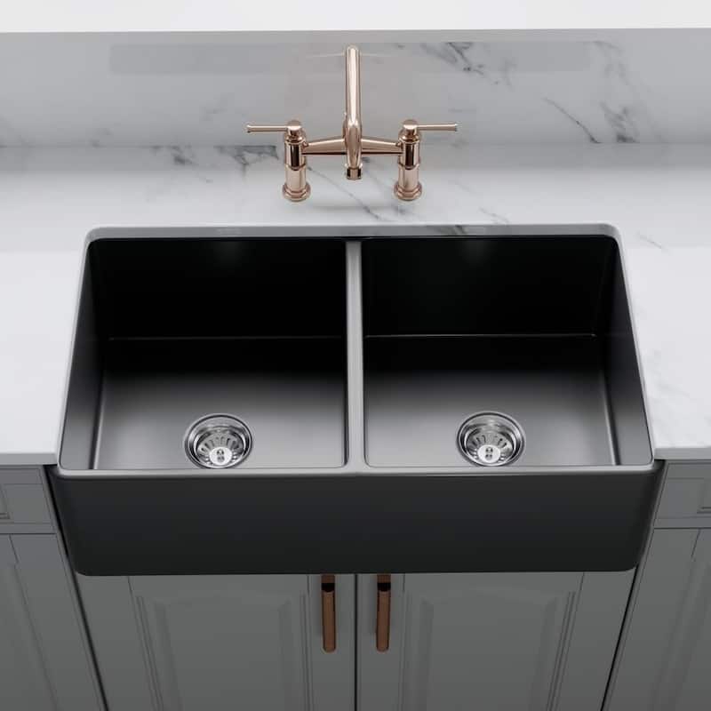 33 x 18 Inch Crestwood Farmhouse Sink, Charcoal Fireclay Kitchen Sink, Double Bowl Apron Front, Plain Farm Sink - 33x18