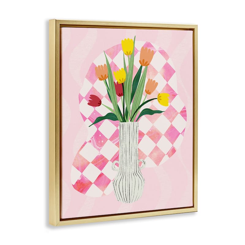 Stupell Yellow Tulip Vase on Checkered Framed Floater Canvas Wall Art Design By Ziwei Li
