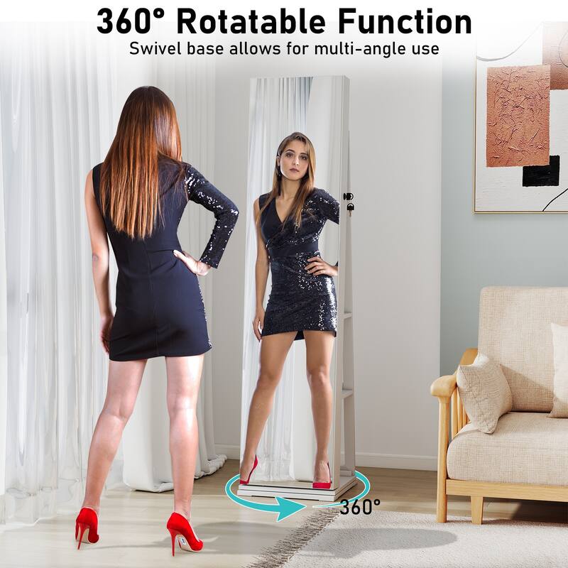360 Rotating Full Length Mirror Jewelry Cabinet with LED Lights and Ample Storage Shelves - 17" x 15" x 63"