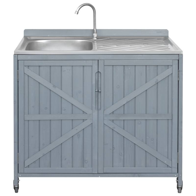 39.4" Outdoor Kitchen Island with Sink, Outdoor Kitchen Sink Station w/ 304 Stainless Steel Sink, Hose Hook Up & Faucet